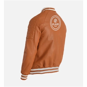 Chaqueta Varsity de cuero marrón y azul para hombre - Product Image 5