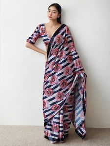 Sari traditionnel indien et pakistanais en soie pure de Manipur avec impression numérique et bordure en dentelle - Product Image 5