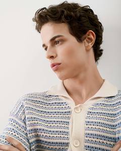 Men's Autumn High Quality <b>Short</b>-<b>Sleeve</b> Striped Cotton Knit <b>Sweatshirt</b> Loose Fit Embroidered Collar Custom Private Logo Heavy - Product Image 5