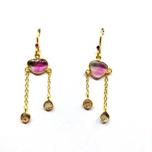 Pendientes de plata de ley 925 hechos a mano con turmalina y rodajas de diamantes, joyería para mujer - Product Image 1