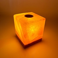 Lampe de sel rose de l'Himalaya 4kg en forme de cube 15W Lumière incandescente blanc chaud Base en bois Brûle les essences Yoga Méditation 15m²