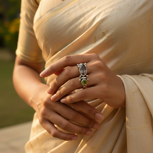 Anillo de Plata 925 Hecho a Mano para Mujer, Estilo Boho, con Peridoto, Cuarzo Ahumado, Gemas, Topacio Corte Pera Platino, Joyería Única - Product Image 1