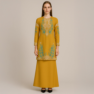 Ensemble d'abaya musulman brodé à la main multicolore traditionnel modeste antistatique respirant coton Baju Kurung grande taille pour - Product Image 1