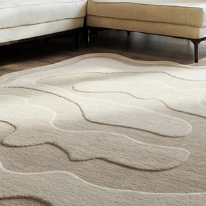 Tapis fait main en laine tout beige, design organique moderne, tapis personnalisé en forme de fluide d'Inde lavable pour la maison ou le pique-nique - Product Image 5