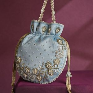 2025@<b>Bags</b> Latest Sky <b>Blue</b> Potli <b>Bags</b> on Raw silk Fabric with Embellished Pearls, Crystal Glass Beads Work for <b>Party</b>-wear/Wedding - Product Image 1