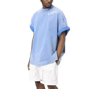 T-shirt de luxe pour hommes t-shirt personnalisé t-shirt en coton surdimensionné côtelé col rond t-shirt à épaules tombantes poids lourd 280gsm Style Streetwear - Product Image 3