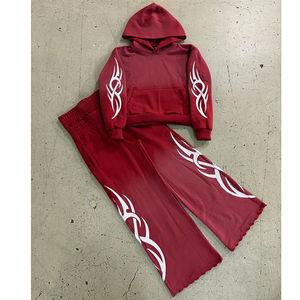 Ensemble de survêtement deux pièces pour homme, respirant, style hip-hop, personnalisé, 100% coton, délavé au soleil, pantalon évasé et sweat à capuche - Product Image 1