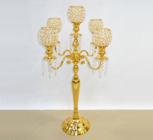 Alam Gold Aluminum 5-Arm <b>Tall</b> Wedding Candelabra <b>Table</b> Centerpiece with Crystal Beads Handmade & Eco-Friendly - Product Image 1