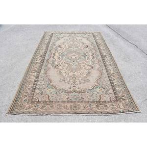 KayraHome Tapis turc vintage persan beige bleu 6,4x9,5 pieds Écologique Poils moyens Laine Support en latex Motif patchwork Classique - Product Image 1
