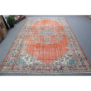 Alfombra vintage grande de 6.5x10.4 pies (198x318 cm), alfombra turca con diseño de plantas y árboles en color naranja. - Product Image 1