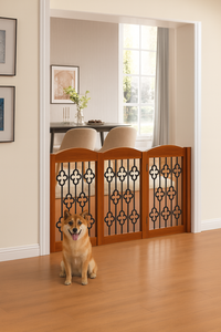 Barrière pour animaux de compagnie avec cadre en bois d'acacia Barres en acier finition naturelle 24x20x0.7 po Barrière de sécurité intérieure durable pour chiens et chats - Product Image 5