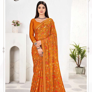 Saree de seda de gasa pura India estilo Bollywood con borde de encaje elegante y pieza de blusa, Sari de color hermoso - Product Image 1