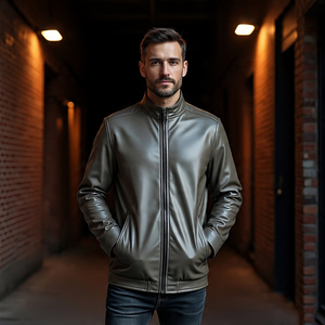 เสื้อโค้ทหนังมีซิปสำหรับผู้ชายเสื้อโค้ทหนังสัตว์มีปกตั้งสำหรับขี่จักรยานขี่มอเตอร์ไซต์ - Product Image 3