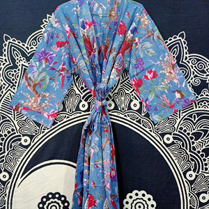 Kimono de algodón ligero con estampado de bloques a rayas bohemio para mujer, capa cómoda transpirable para la playa o el hogar para el verano - Product Image 1