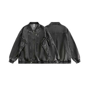 2025 hombres Casual otoño nuevo americano Retro Smog negro lavado a la piedra chaqueta de mezclilla botón decoración sólido 100% abrigo de algodón - Product Image 4