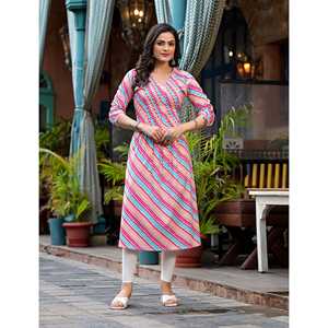 Multi Cotton Casual Straight Kurti Breathable Lehariya Design XS Size Floor-Length Knee-Length Options Natural ODM for Club Day - Product Image 1