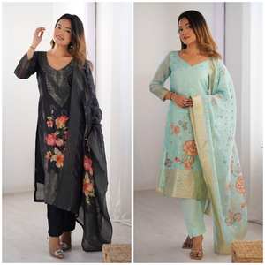 Designer 2025 nouvelle Collection Heavy Chanderi soie Jacquard travail impression numérique costume ensemble fête tenue décontracté 3 pièces Salwar Kameez - Product Image 1