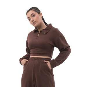 2024 Winter Arrival <b>Women</b> <b>Brown</b> Casual Tracksuit Set <b>Women</b> Cropped <b>Top</b> With Loose Fit Trouser Set <b>Women</b> Cotton Sweat Suit - Product Image 2