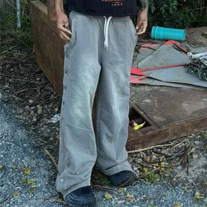 Nouvel arrivage de pantalons de survêtement vintage délavés Streetwear Pantalon de survêtement en strass avec bouton personnalisé et effet soleil sur le côté - Product Image 2