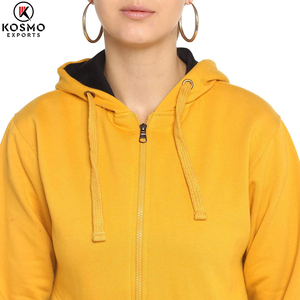 เสื้อมีฮู้ดแบบมีซิปสำหรับผู้หญิงผ้าคอตตอนผ้าเจอร์ซี่น้ำหนักเบาใส่สบายสีเหลืองนุ่มออกแบบได้ตามต้องการ - Product Image 4