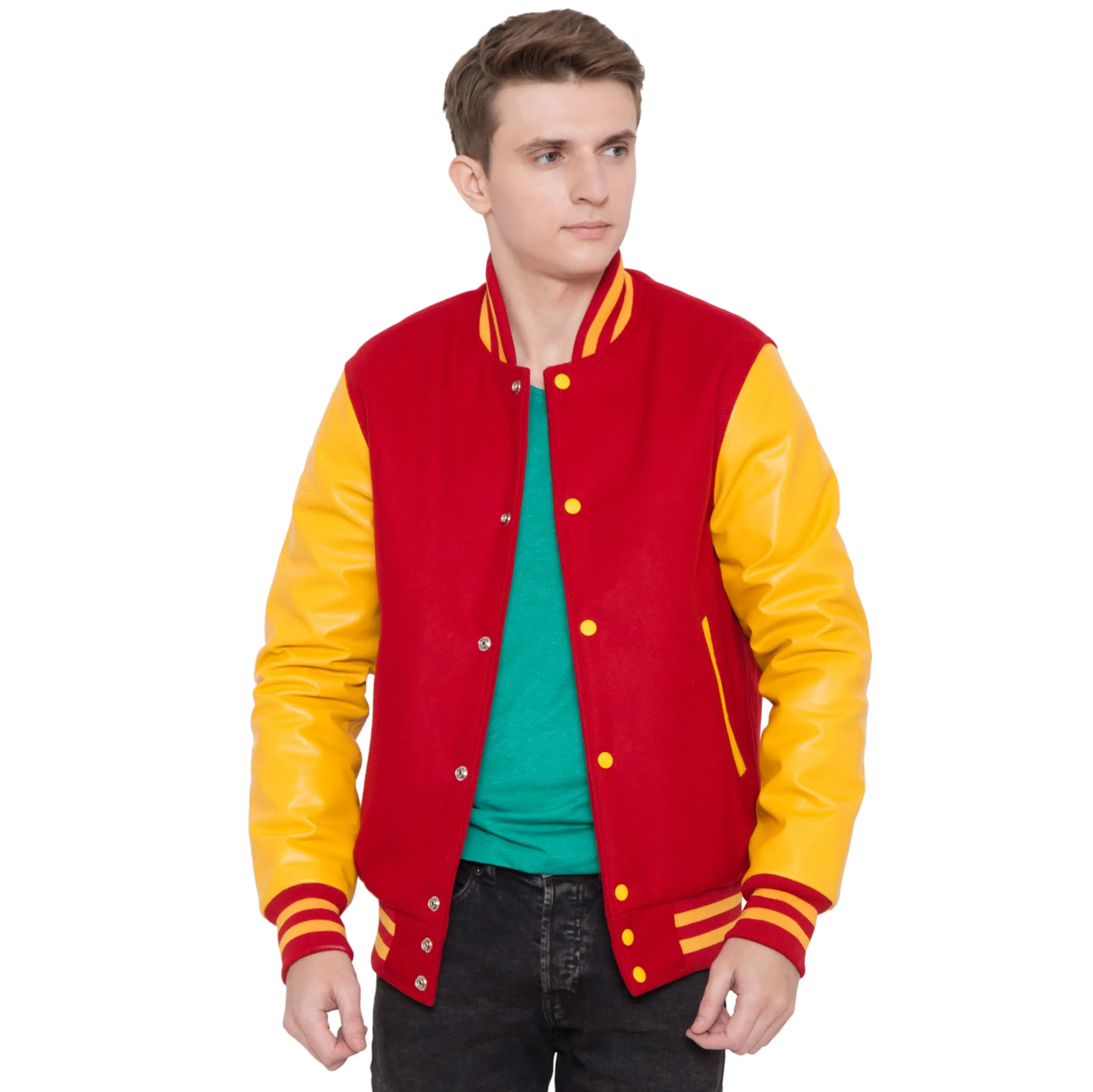 100% Cashmere Wool Body and Genuine Cowhide Leather Sleeves Red & Golden Yellow Letterman Varsity Jacket