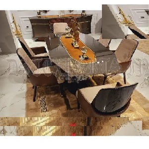 Juego de mesa de comedor de diseño contemporáneo, muebles de comedor de 8 plazas de estilo moderno, juego de mesa de comedor marrón con aspecto de mármol - Product Image 1