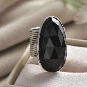 Bague Onyx noir audacieux en argent Sterling grand ovale 16x31mm pierre précieuse à facettes réglable déclaration bague de Cocktail pour les femmes - Product Image 5