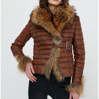 Veste matelassée en cuir marron pour femme, manteau d'hiver matelassé avec garniture en fourrure de renard véritable, vêtement d'extérieur en cuir élégant et chaud pour temps froid
