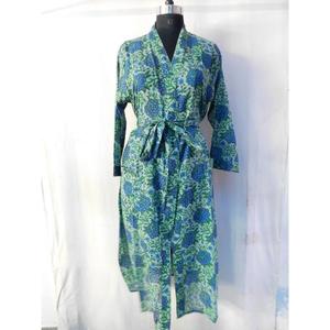 Kimono de algodón para mujer, albornoz con cuello en V, longitud completa, suave, transpirable, de secado rápido, bloque impreso, camisón largo, ropa de playa, cuerpo - Product Image 1