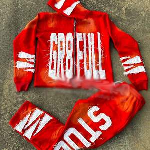 Ensembles de survêtements unisexes personnalisés avec broderie vieillie, sweats à capuche zippés et pantalons de jogging, style streetwear vintage délavé à l'acide - Product Image 2