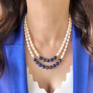 Жемчужное ожерелье Lapis Lazuli, темно-синие свадебные украшения из драгоценных камней, эффектное специальное ожерелье ручной работы - Product Image 4