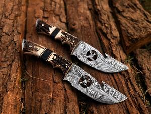 Couteau de chasse à lame fixe de haute qualité Premium Survival Gut hook avec corne naturelle Couteaux à dépecer pour le camping avec étui en cuir - Product Image 5