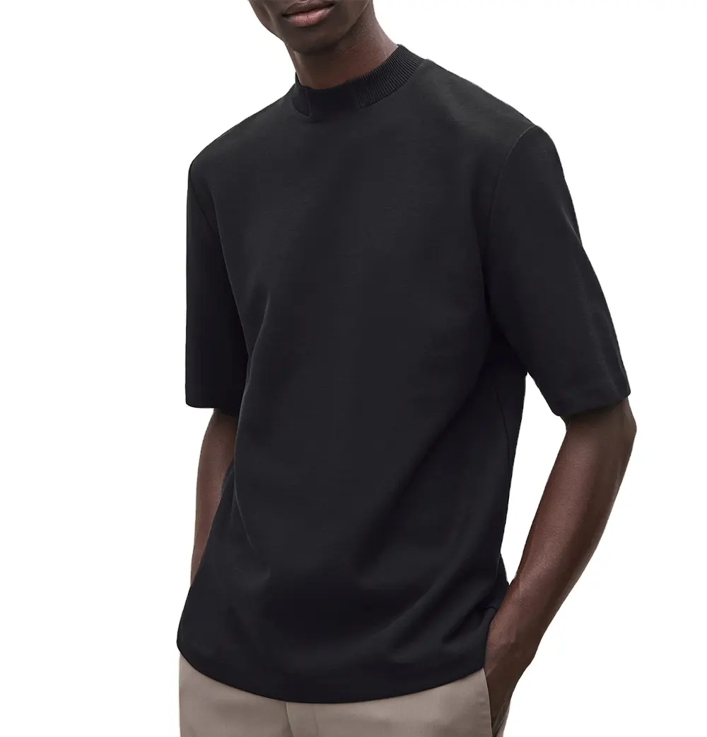 उच्च मॉक गर्दन कॉलर मोटी भारी वजन टी शर्ट कस्टम सादे काले रंगे 100% कपास टी टी शर्ट oversized 230 जीएसएम भारी वजन