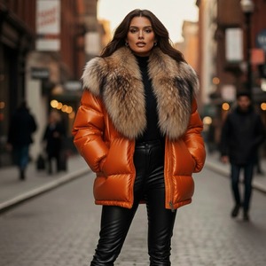Chaqueta Acolchada a Cuadros Naranja para Mujer con Cierre de Cremallera y Cuello de Piel de Zorro, Chaqueta de Cuero para Invierno - Product Image 2