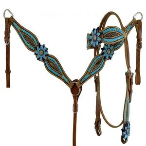 L'ensemble Western Horse Tack en cuir de vachette de qualité supérieure turquoise de créateur comprend des selles de collier de poitrine saisonnier de haute qualité - Product Image 1