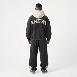 Ensemble de survêtement streetwear pour homme, deux pièces, comprenant un sweat à capuche zippé noir délavé surdimensionné et un pantalon de survêtement ample - Product Image 2