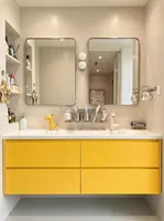 Meuble-lavabo double vasque flottant mat coloré avec miroir LED intégré et plan de travail en pierre