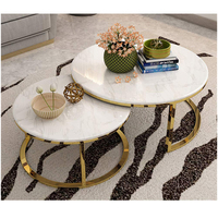 Table centrale gigogne ronde contemporaine en deux pièces, ensembles de tables basses à thé en bois avec côtés en métal doré, disponibles à des prix compétitifs
