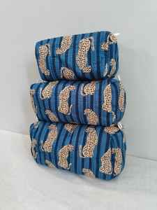 Set of 3 Cotton Quilted Leopard Print <b>Makeup</b> <b>Bags</b> with Zipper Closure Lightweight Travel & for Organizer From Rajasthan - Product Image 4