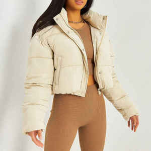 Custom Design Navy OEM Women's Puffer <b>Cropped</b> Hooded <b>Jacket</b> Full Drawstring Zip And Bubble <b>Jacket</b> Women's Winter Down <b>Jacket</b> - Product Image 3