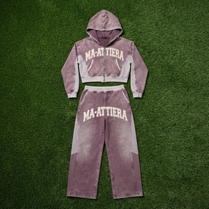 Custom Women Acid Wash Mauve Pink <b>Cropped</b> Hoodie Wide Leg <b>Jogger</b> Set Cotton Fleece Streetwear Tracksuit OEM Wholesale - Product Image 4