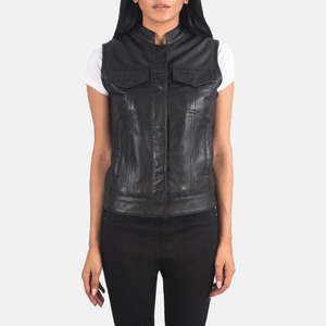 เสื้อกั๊กหนังสีดำสำหรับผู้หญิงสไตล์มอเตอร์ไซค์ - Product Image 1