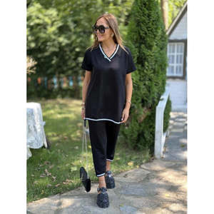Ensemble deux pièces pour femme, chemisier à manches courtes et col en V, pantalon, 35789 - Noir - Product Image 6