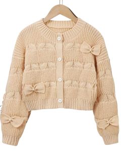 Customized Women Beige Cable Knit Cropped <b>Cardigan</b> Sweater With Bow Detail <b>Long</b> Sleeve Button Front Cute Winter Fashion Top - Product Image 1