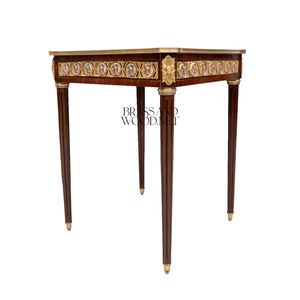 Table d'appoint carrée de luxe avec marqueterie géométrique complexe, médaillons en porcelaine peints à la main et décor palais en laiton doré - Product Image 3