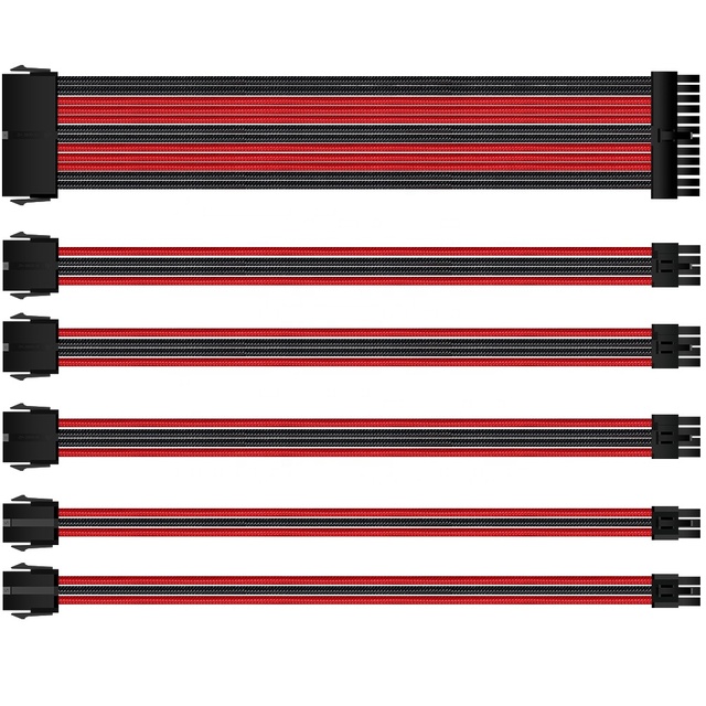 ATX 24P 4+4 GPU 6+2 PCI-E 6 PCIe PSU Extension Cable 18AWG Soft PET Braided Sleeving Black Red 300mm for Computers
