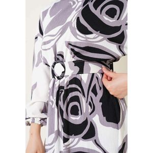 ชุดเดรสเข็มขัดเอวยางยืดลายใบไม้สีดำ - Product Image 4