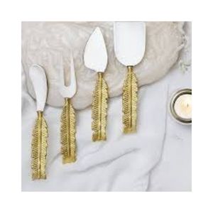 Ensemble de service à fromage tendance en acier inoxydable avec poignée en laiton en forme de feuille pour la maison - Product Image 1