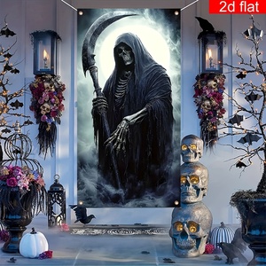 Housse de porte Halloween Grim Reaper, squelette effrayant avec faucille, design pleine lune, en polyester, pour décoration de fête maison hantée - Product Image 5