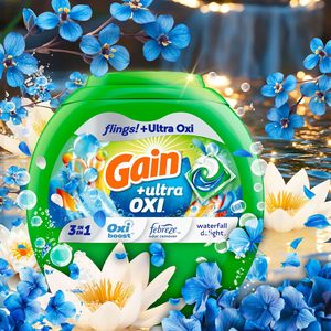 Lessives en dosettes Gain Flings Ultra Oxi, 76 unités, parfum Cascade de joie, 3-en-1, compatible HE - Product Image 3